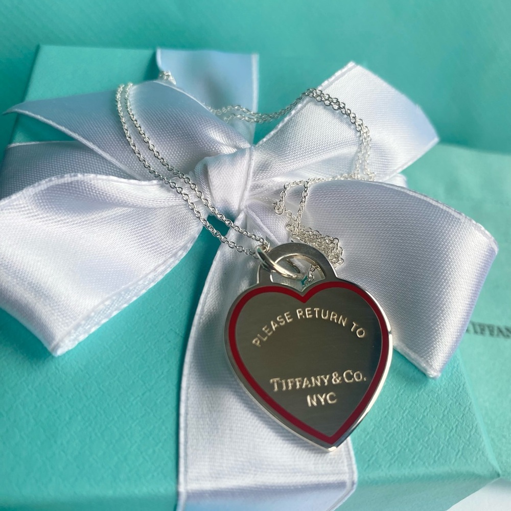 New, Tiffany & Co. Sterling Silver Red outline Heart Necklace. Authentic.
